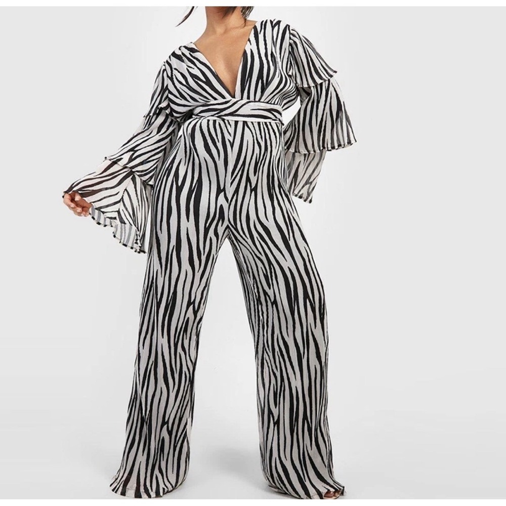 Zebra Print Pleated Plunging Neckline Ruffle Sleeve Wide Leg Jumpsuit Size 20